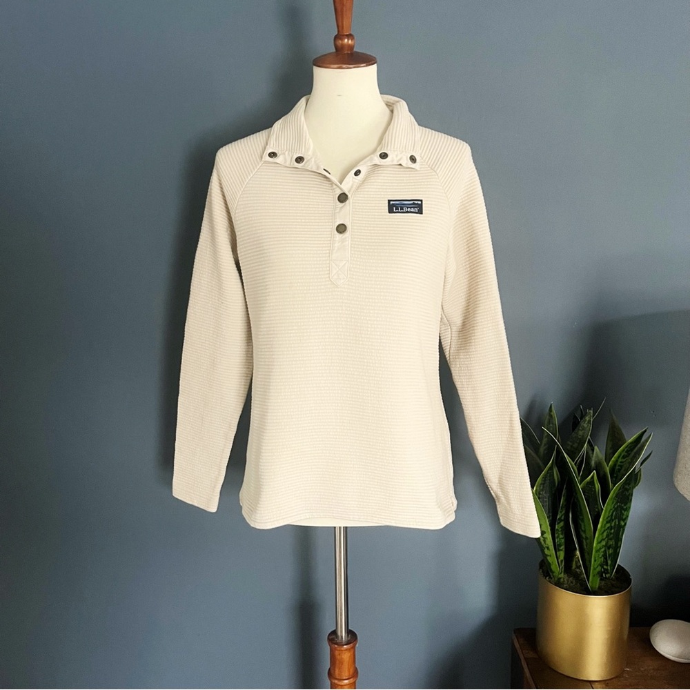 L.L.Bean ribbed pullover light sweater jacket with snap neck in cream size XS